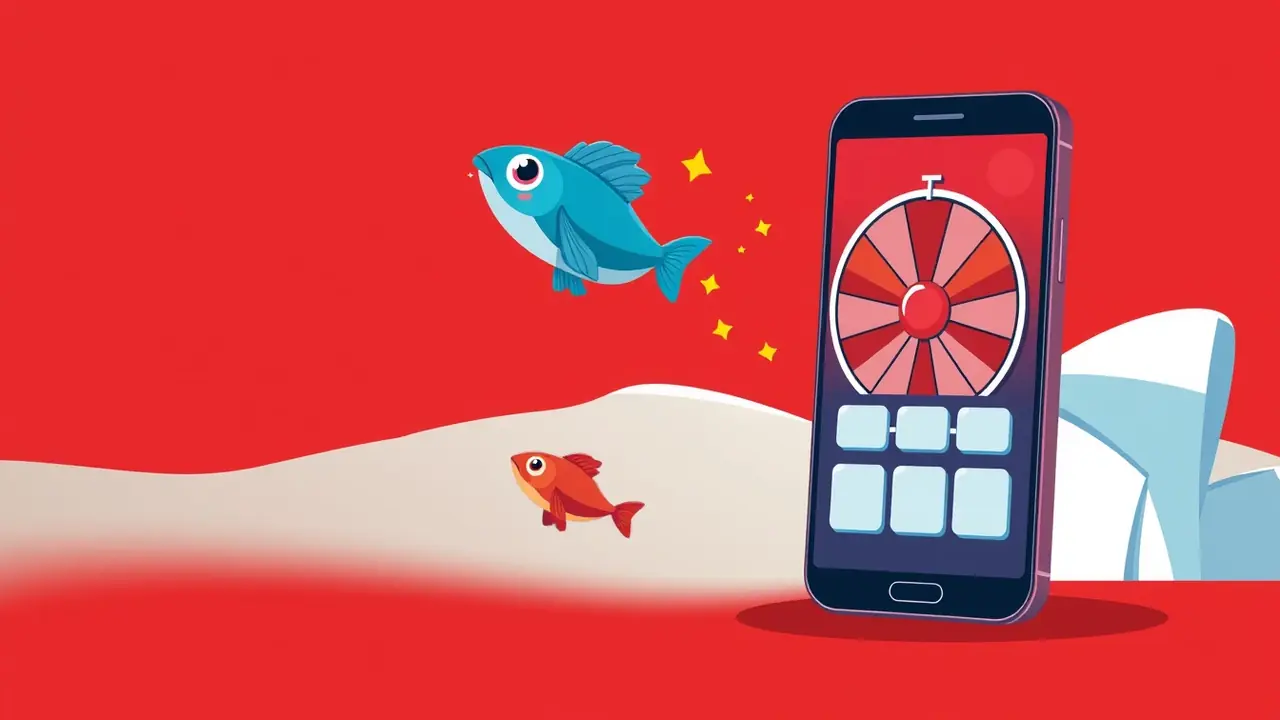 Ice Fishing da mobile: smartphone in verticale con la ruota e le caselle di puntata sullo schermo