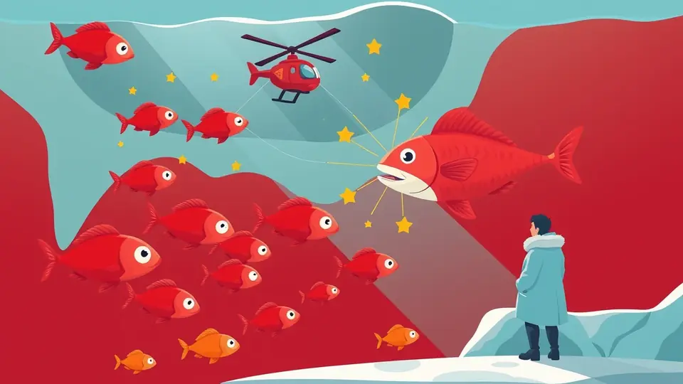 La pesca Huge Reds di Ice Fishing: un grande pesce rosso tirato su dal ghiaccio con luce dorata