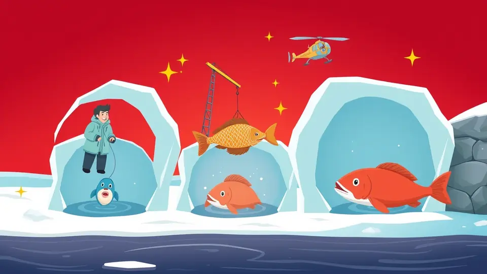 Le tre pesche bonus di Ice Fishing: Lil' Blues, Big Oranges e Huge Reds tirate su dal ghiaccio con moltiplicatori crescenti