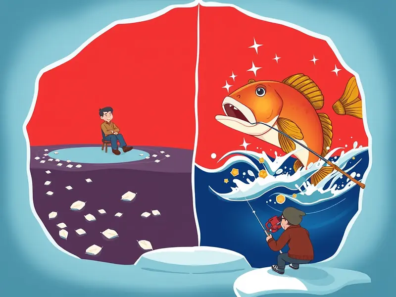Volatilità di Ice Fishing: acqua calma con molte foglie piccole a sinistra contro un solo grande pesce rosso a destra